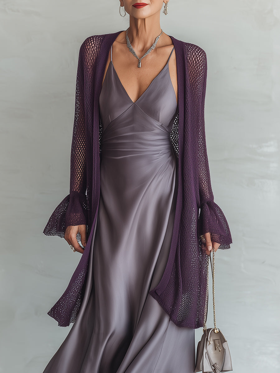 Elegant Satin Fishtail Dress & Ruffled-Sleeve Knit Cardigan Set