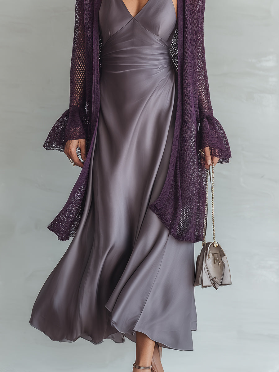 Elegant Satin Fishtail Dress & Ruffled-Sleeve Knit Cardigan Set