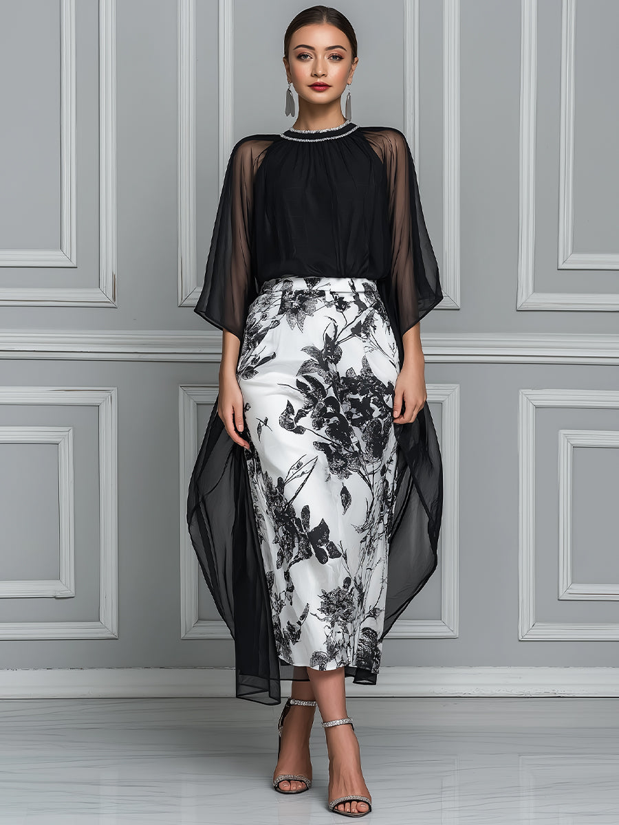Elegant Mock-Neck Overlay Midi Dress With Chiffon Cape