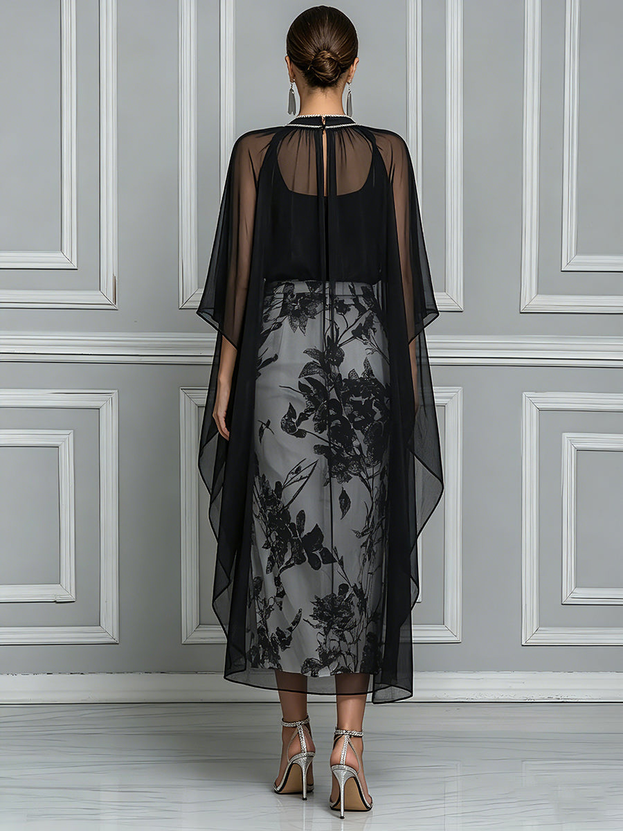 Elegant Mock-Neck Overlay Midi Dress With Chiffon Cape