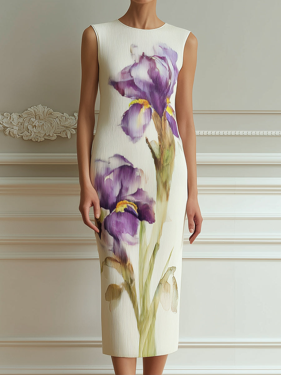 Sleeveless Textured Floral Print Sheath Midi Dress
