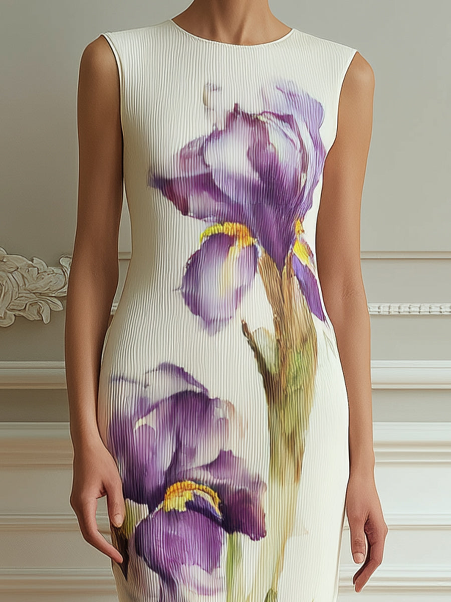 Sleeveless Textured Floral Print Sheath Midi Dress