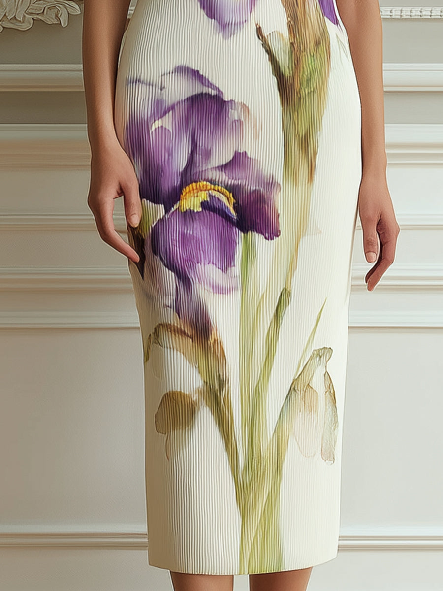 Sleeveless Textured Floral Print Sheath Midi Dress