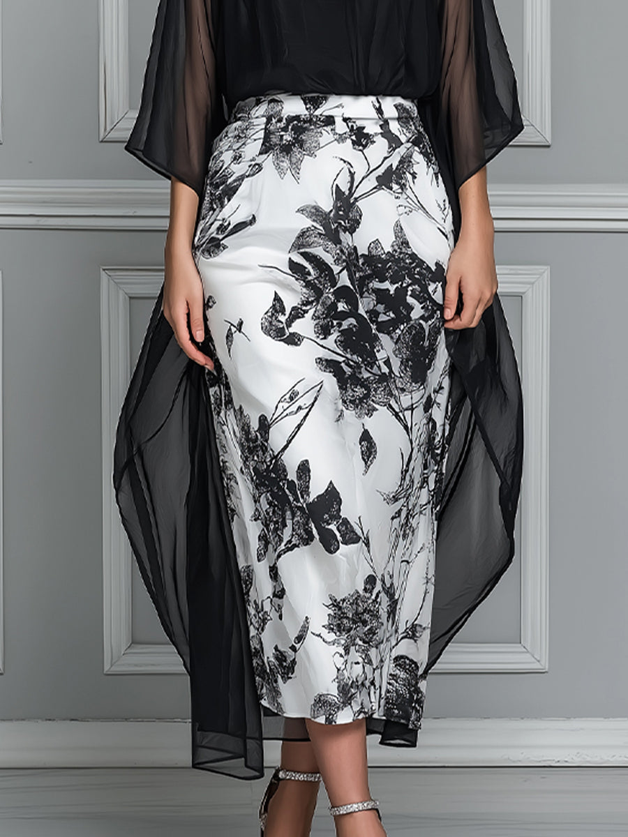 Elegant Mock-Neck Overlay Midi Dress With Chiffon Cape