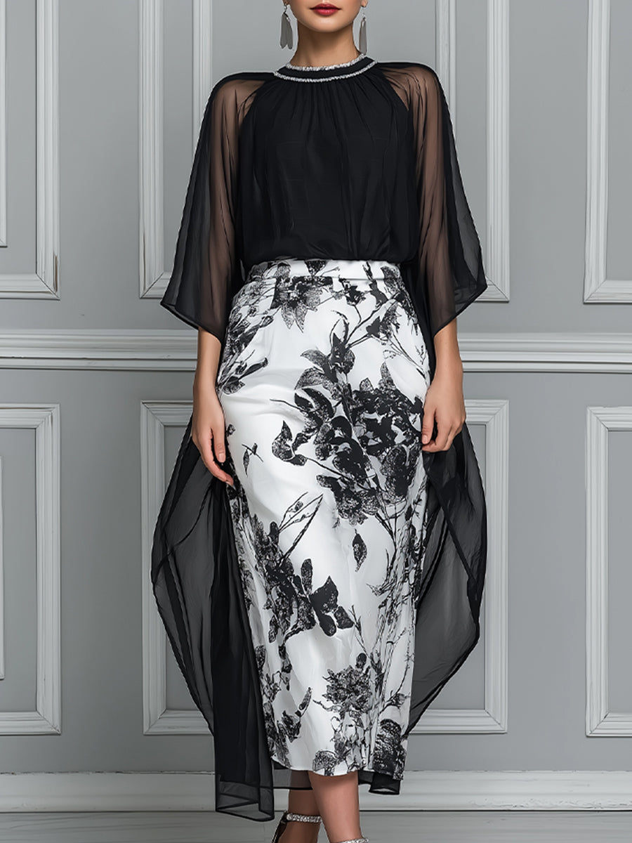 Elegant Mock-Neck Overlay Midi Dress With Chiffon Cape