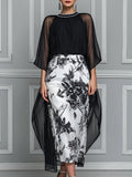 Elegant Mock-Neck Overlay Midi Dress With Chiffon Cape