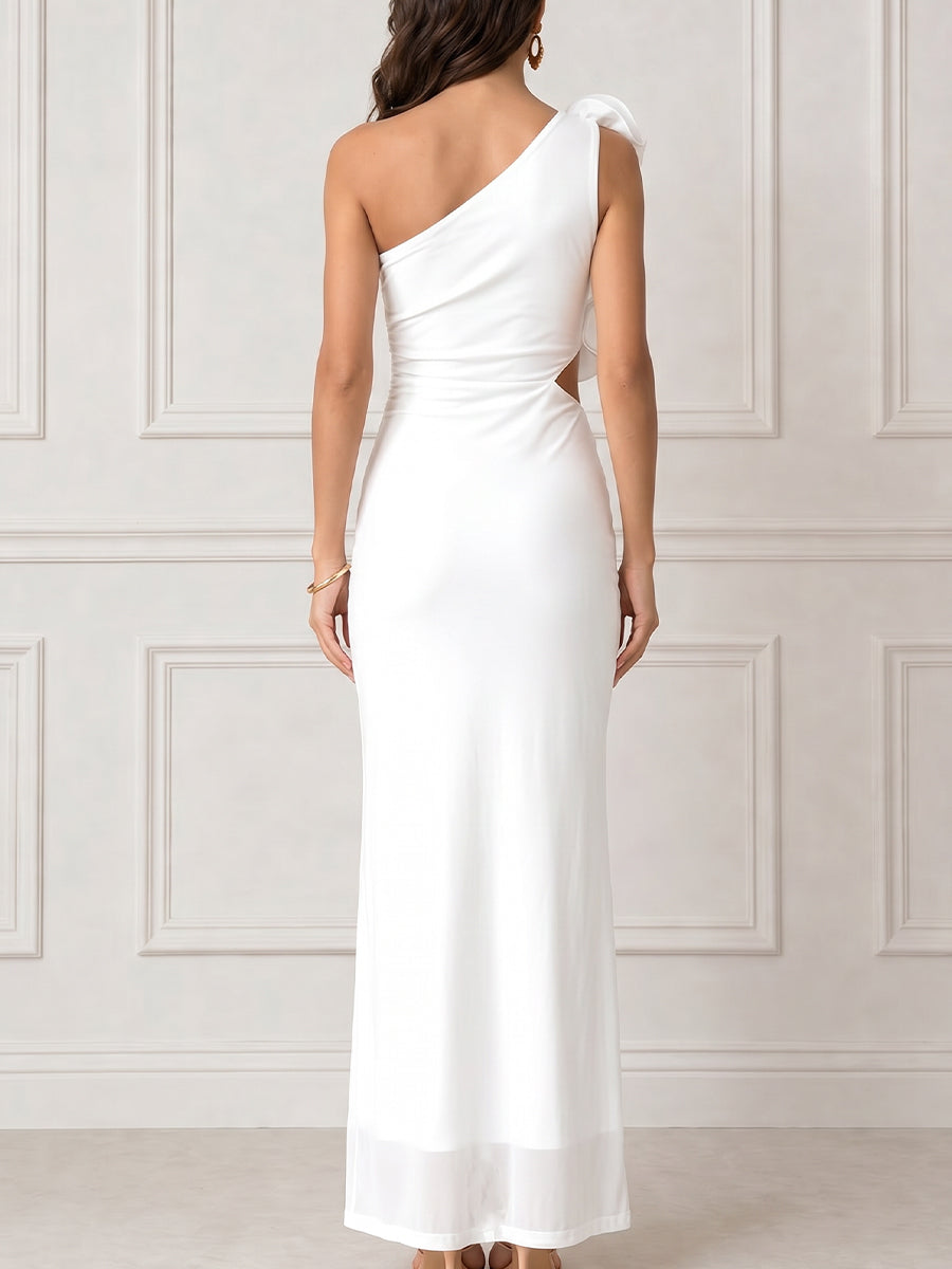 Floral One-Shoulder Appliqué Sculpted Maxi Dress