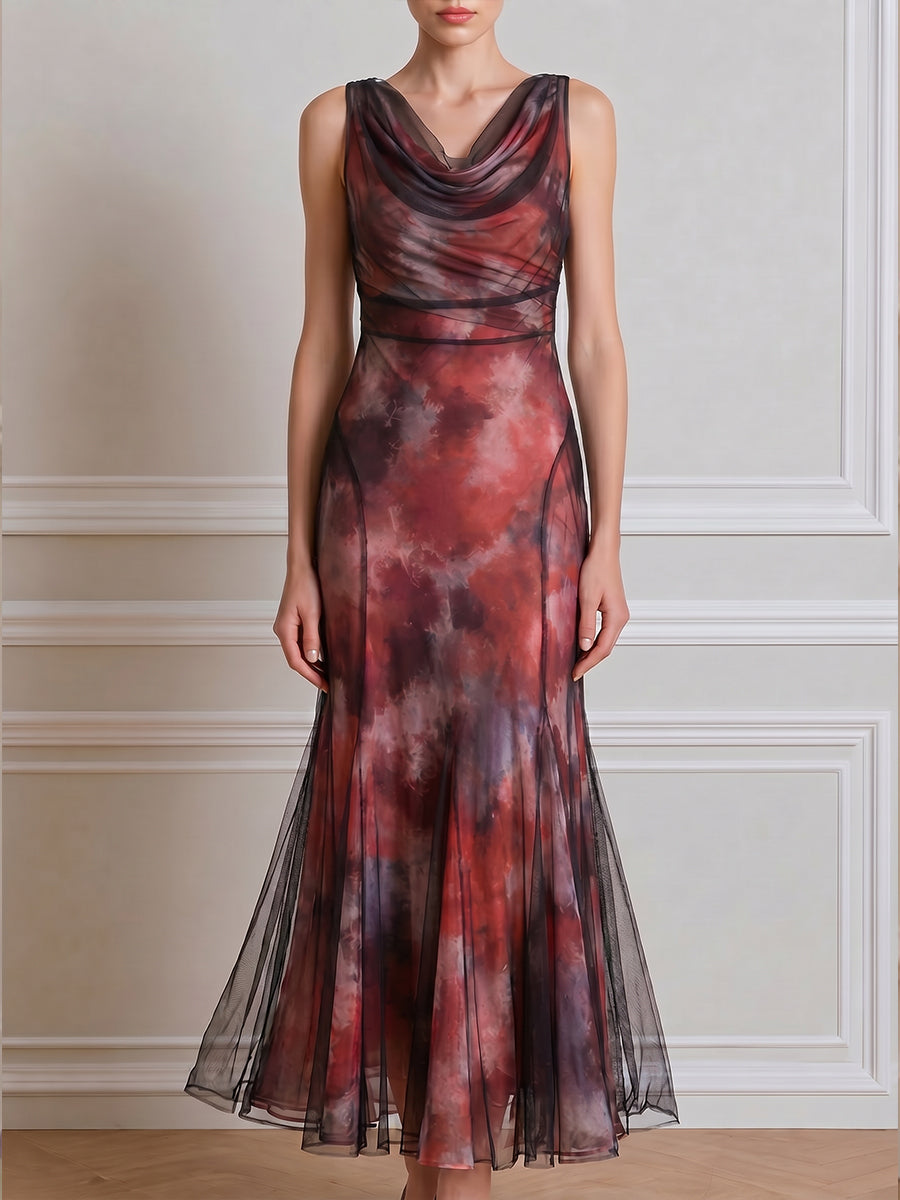 Draped Cowl Neck Mesh Panel Printed Midi Dress
