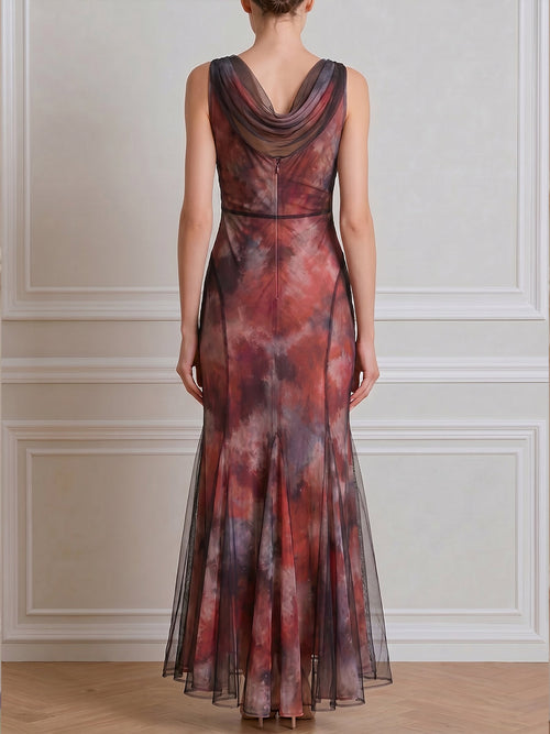 Draped Cowl Neck Mesh Panel Printed Midi Dress