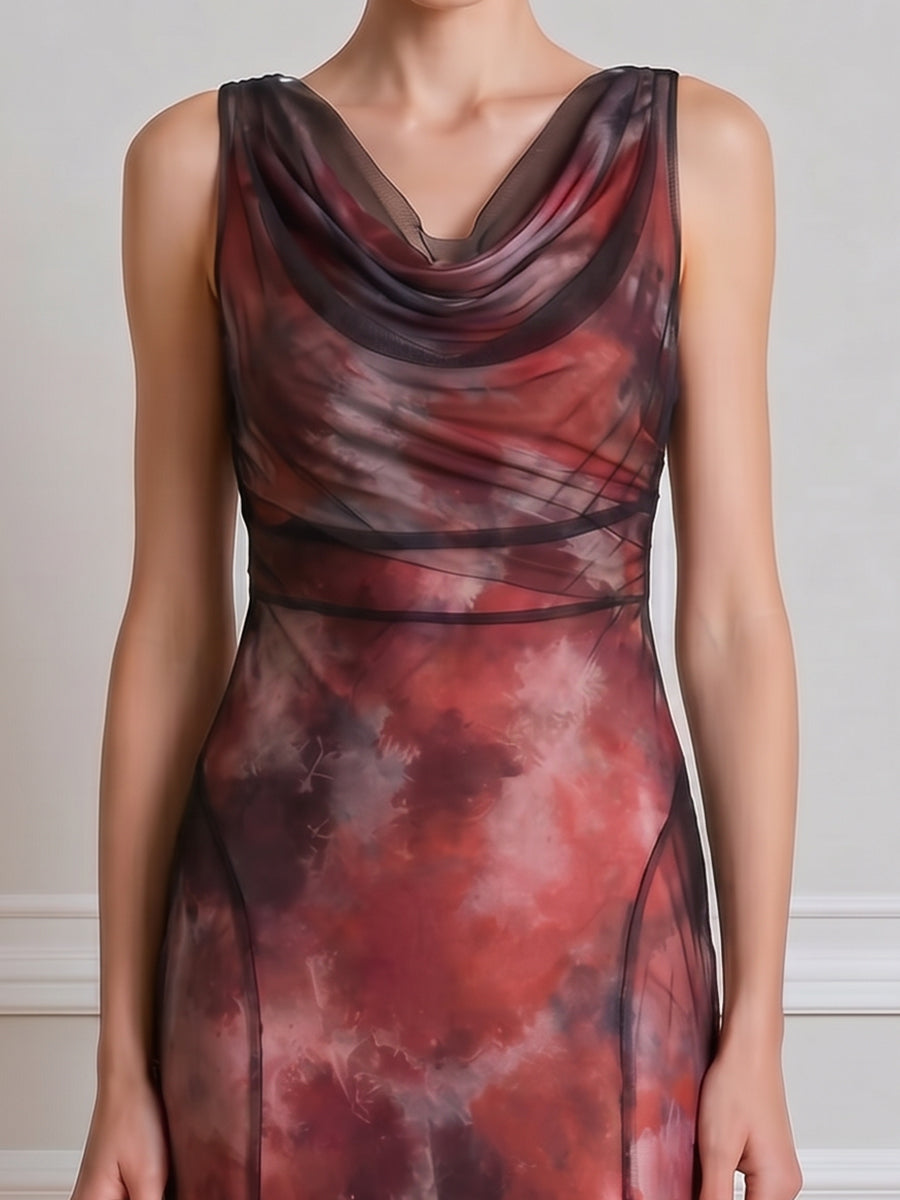 Draped Cowl Neck Mesh Panel Printed Midi Dress