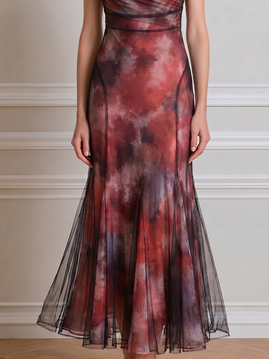 Draped Cowl Neck Mesh Panel Printed Midi Dress