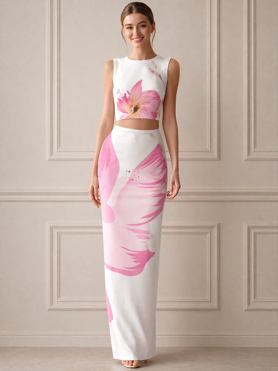Floral Print Cropped Top And High-Waist Maxi Skirt Set