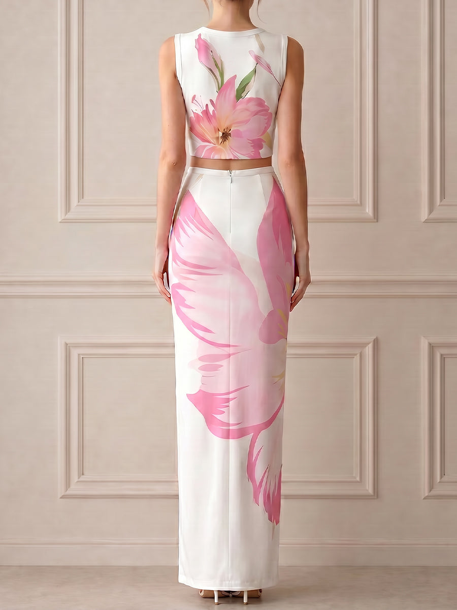 Floral Print Cropped Top And High-Waist Maxi Skirt Set