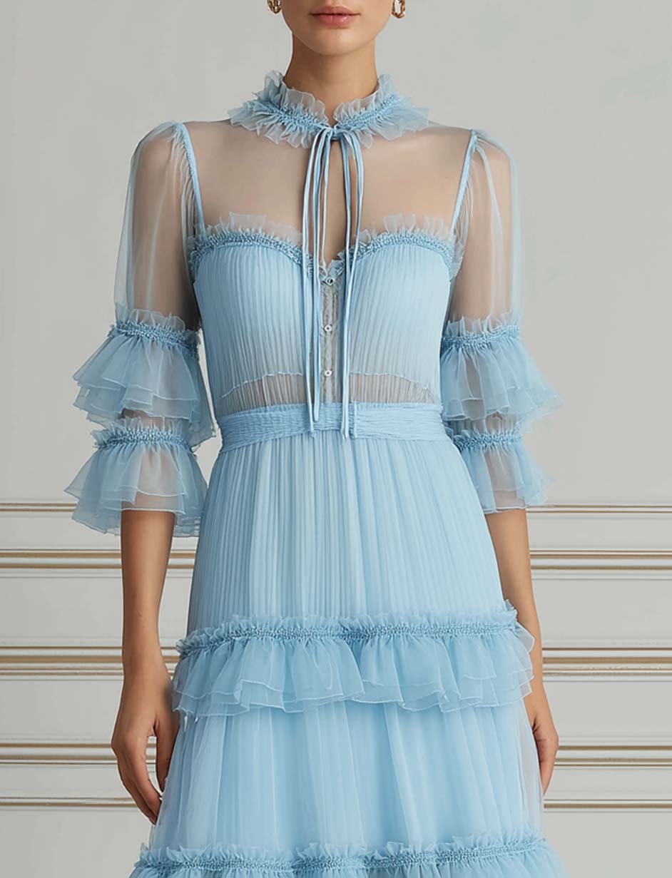 Light Blue Tiered Ruffled Tulle Midi Dress