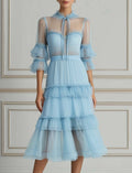 Light Blue Tiered Ruffled Tulle Midi Dress