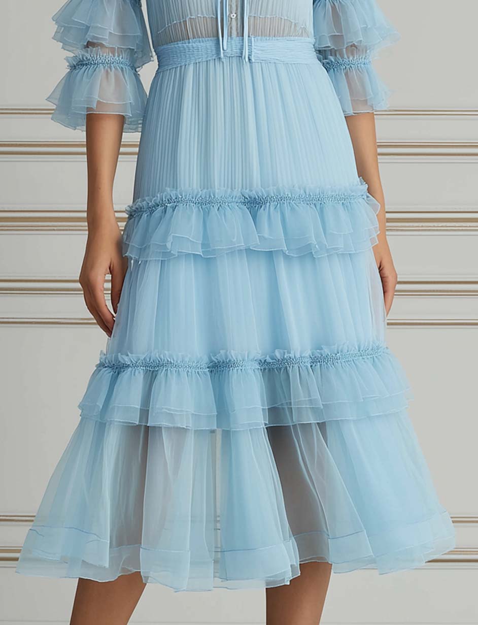 Light Blue Tiered Ruffled Tulle Midi Dress