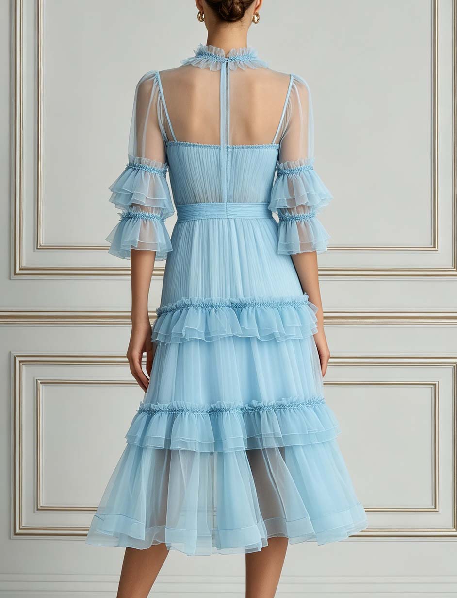 Light Blue Tiered Ruffled Tulle Midi Dress