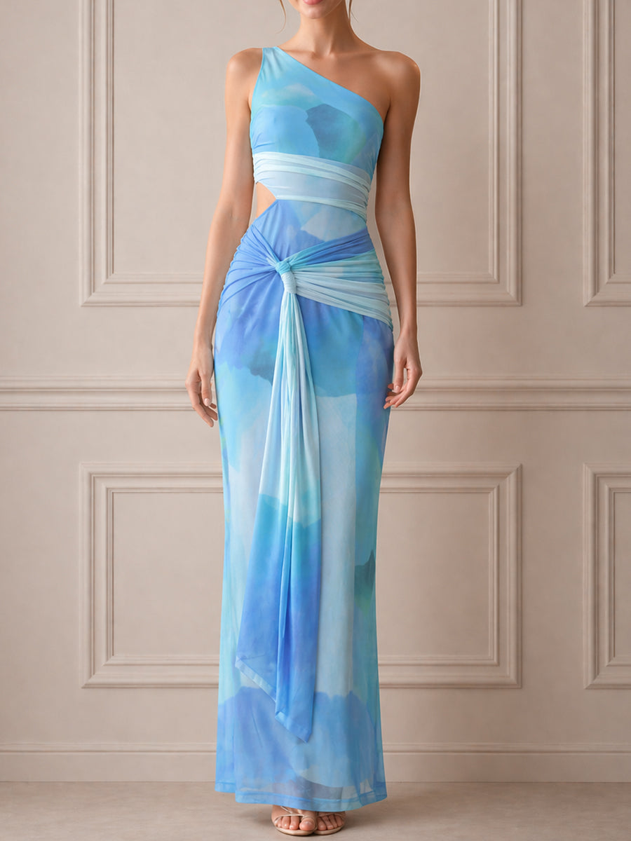 Asymmetric One-Shoulder Draped Cutout Maxi Dress