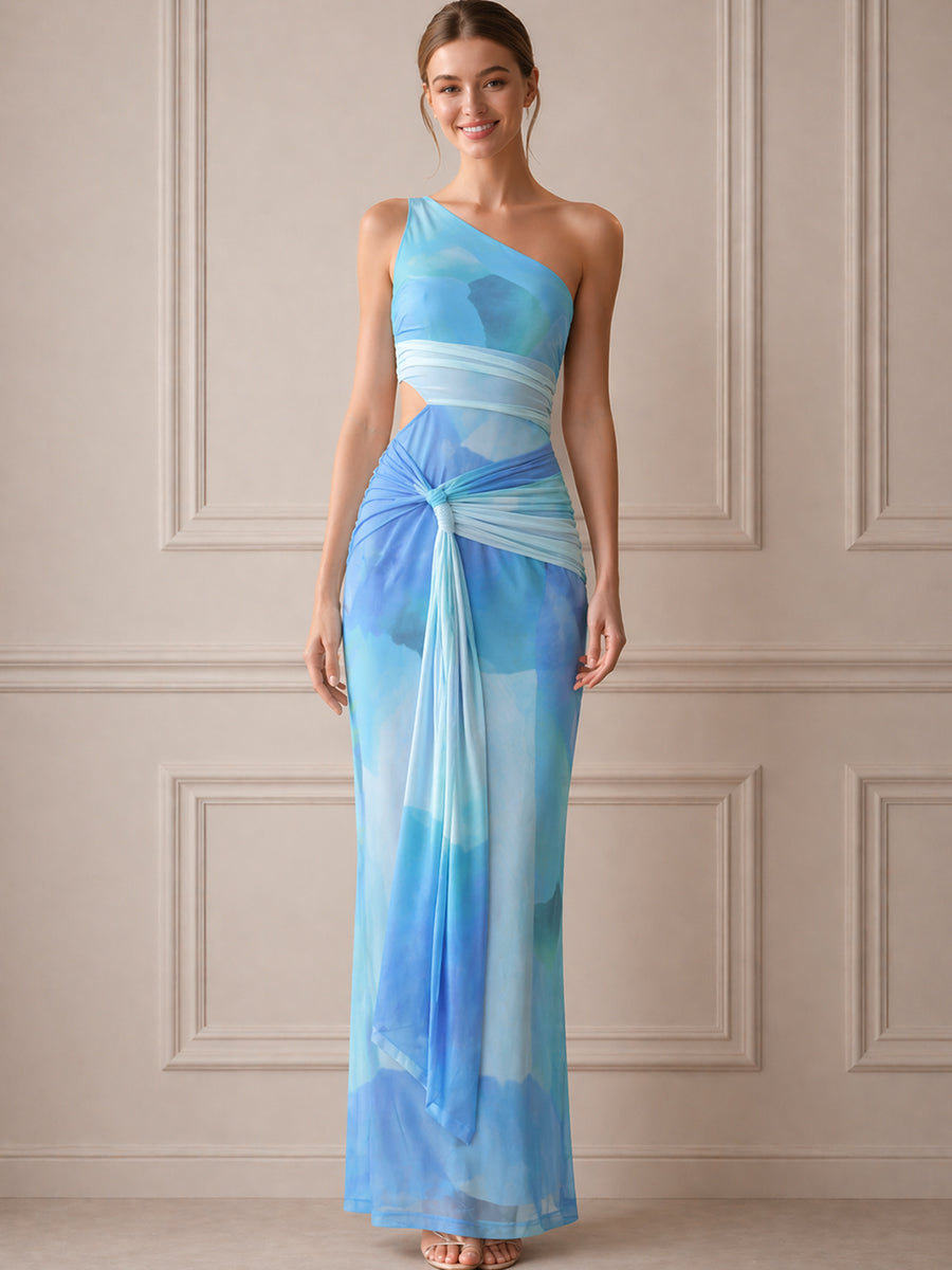 Asymmetric One-Shoulder Draped Cutout Maxi Dress