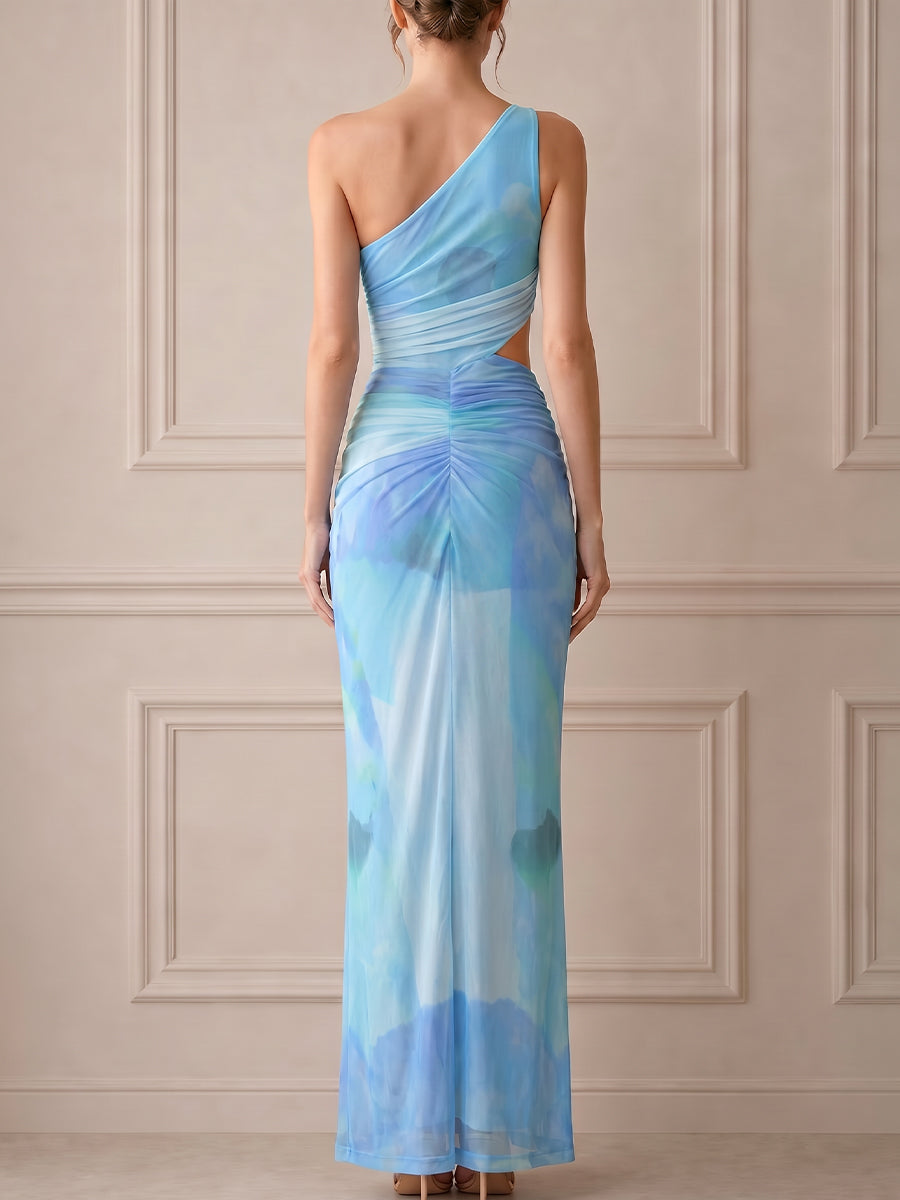 Asymmetric One-Shoulder Draped Cutout Maxi Dress