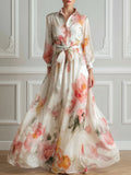 Elegant Floral Print Belted Shirt Maxi Dress