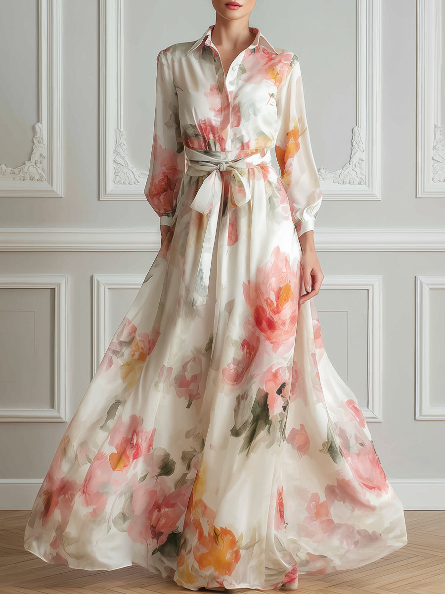 Elegant Floral Print Belted Shirt Maxi Dress