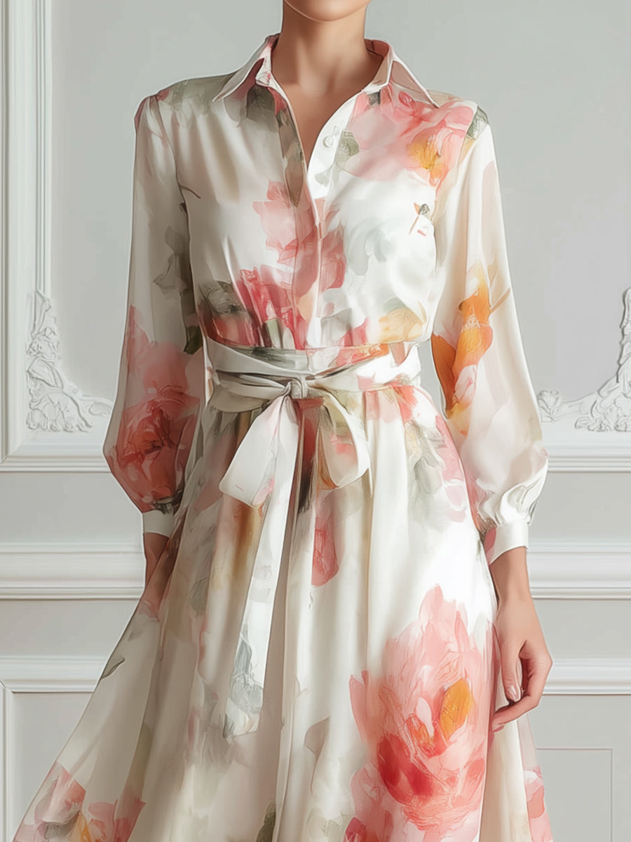 Elegant Floral Print Belted Shirt Maxi Dress