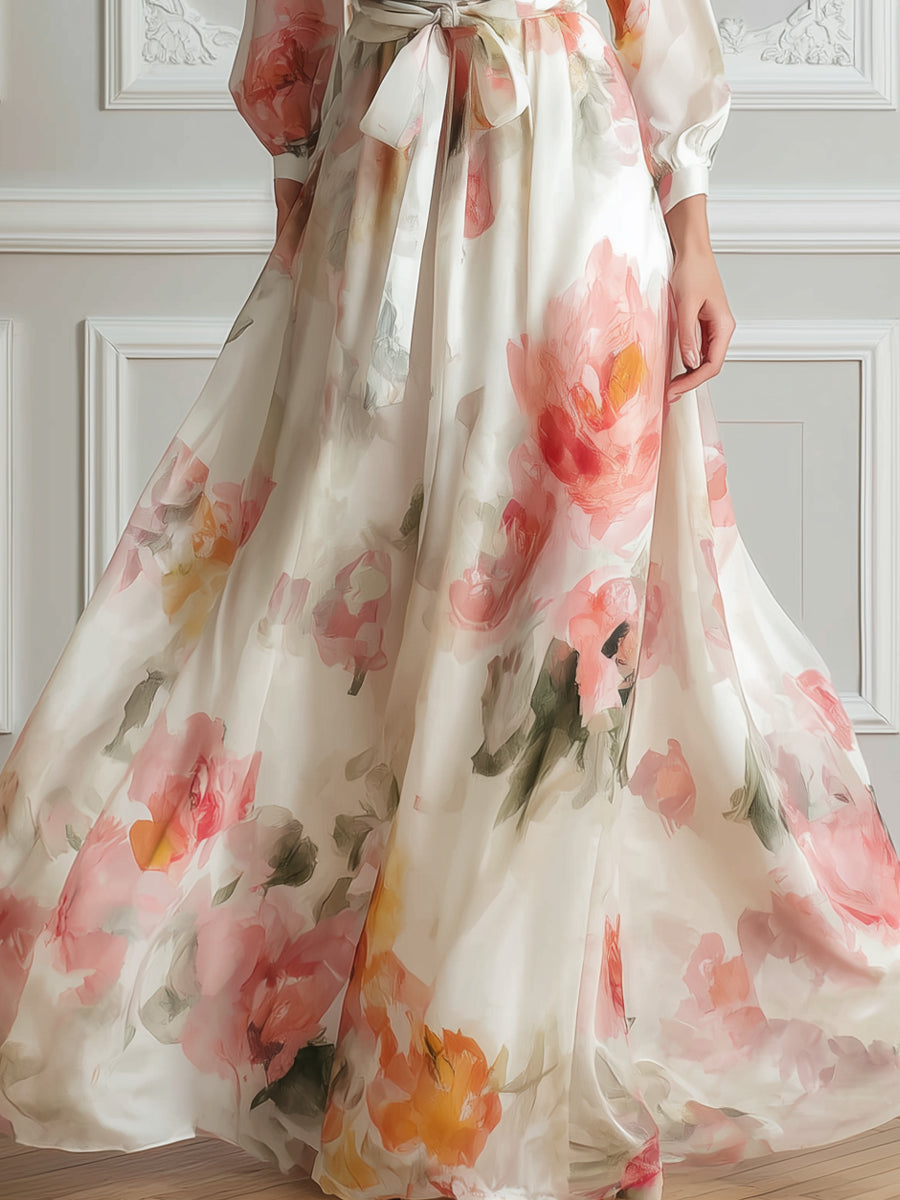 Elegant Floral Print Belted Shirt Maxi Dress