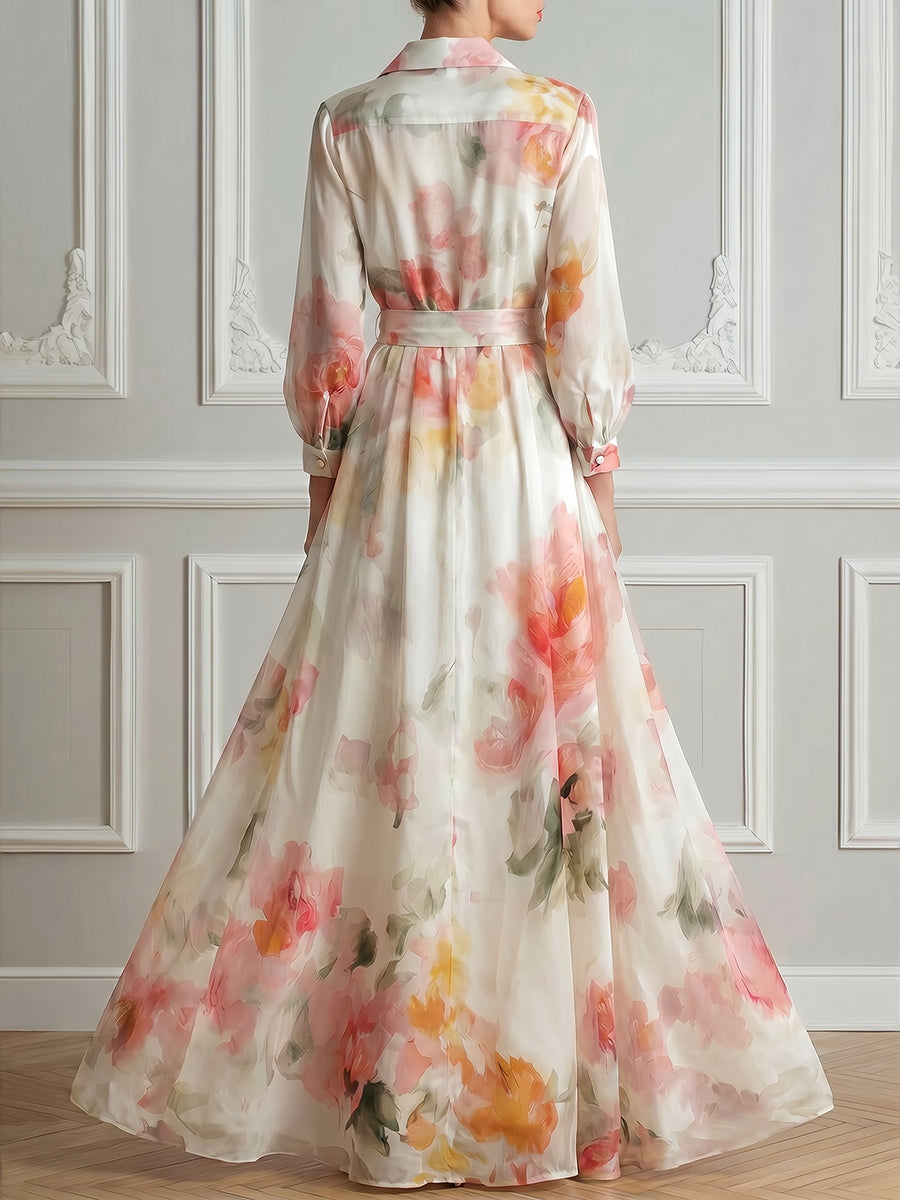 Elegant Floral Print Belted Shirt Maxi Dress