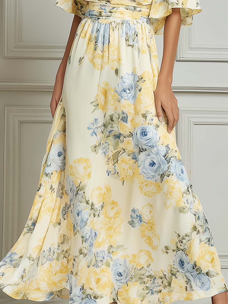 Yellow & Blue Rose Floral Print Flutter Sleeve Maxi Dress