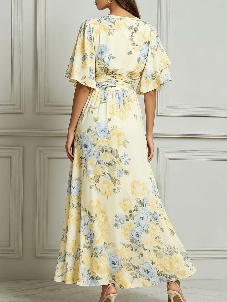 Yellow & Blue Rose Floral Print Flutter Sleeve Maxi Dress