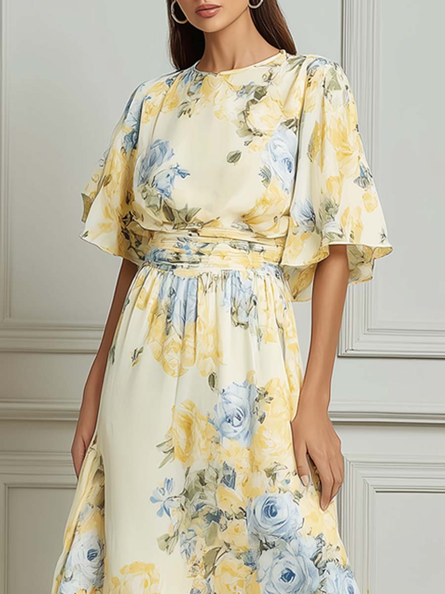 Yellow & Blue Rose Floral Print Flutter Sleeve Maxi Dress
