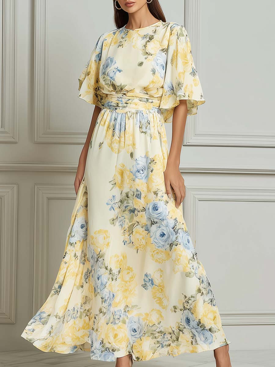 Yellow & Blue Rose Floral Print Flutter Sleeve Maxi Dress