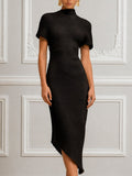 Textured Ribbed Knit High Neck Asymmetric Midi Dress