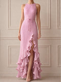 Pleated High Neck Ruffle Hem Slit Maxi Dress