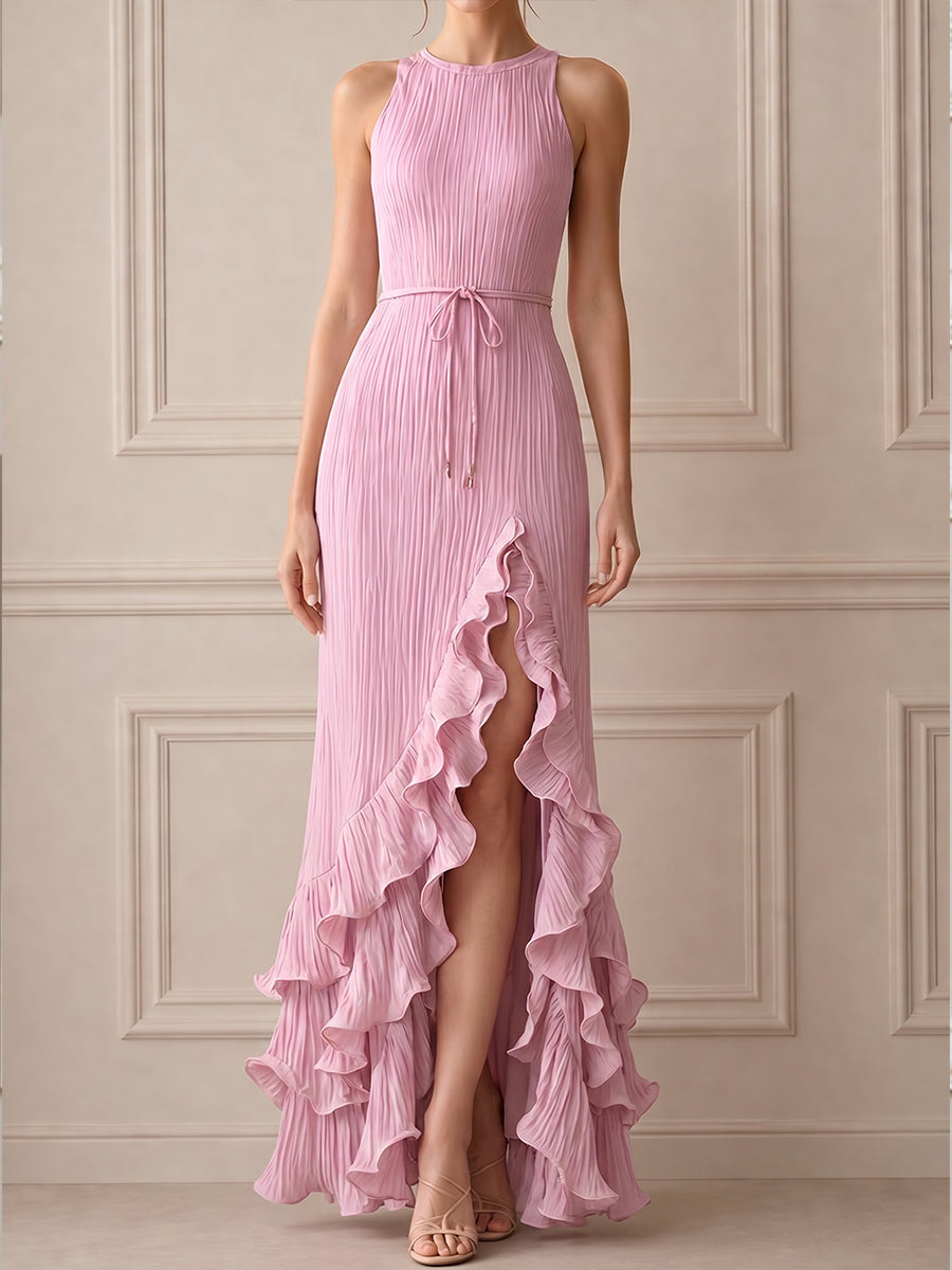 Pleated High Neck Ruffle Hem Slit Maxi Dress