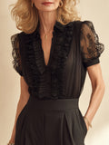 Elegant Crinkled Chiffon Blouse With Lace Trim