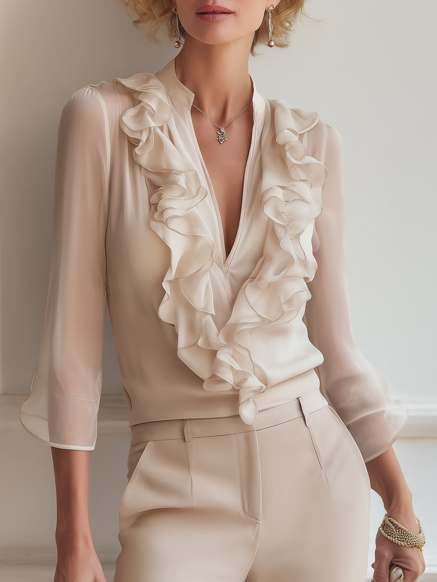 French-Style Ruffled Chiffon Blouse With Flared Sleeves