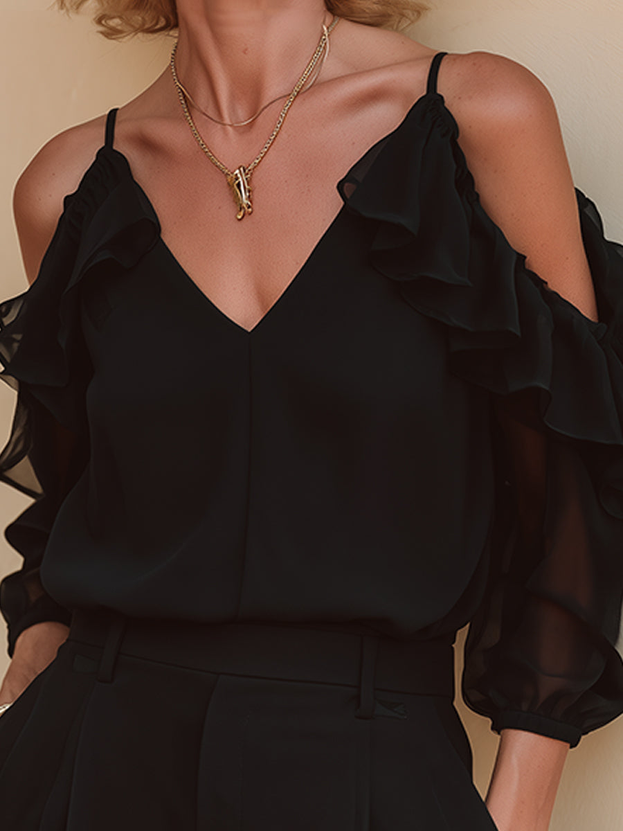 Elegant Blouse With Shoulder Cutouts And Ruffle Trim