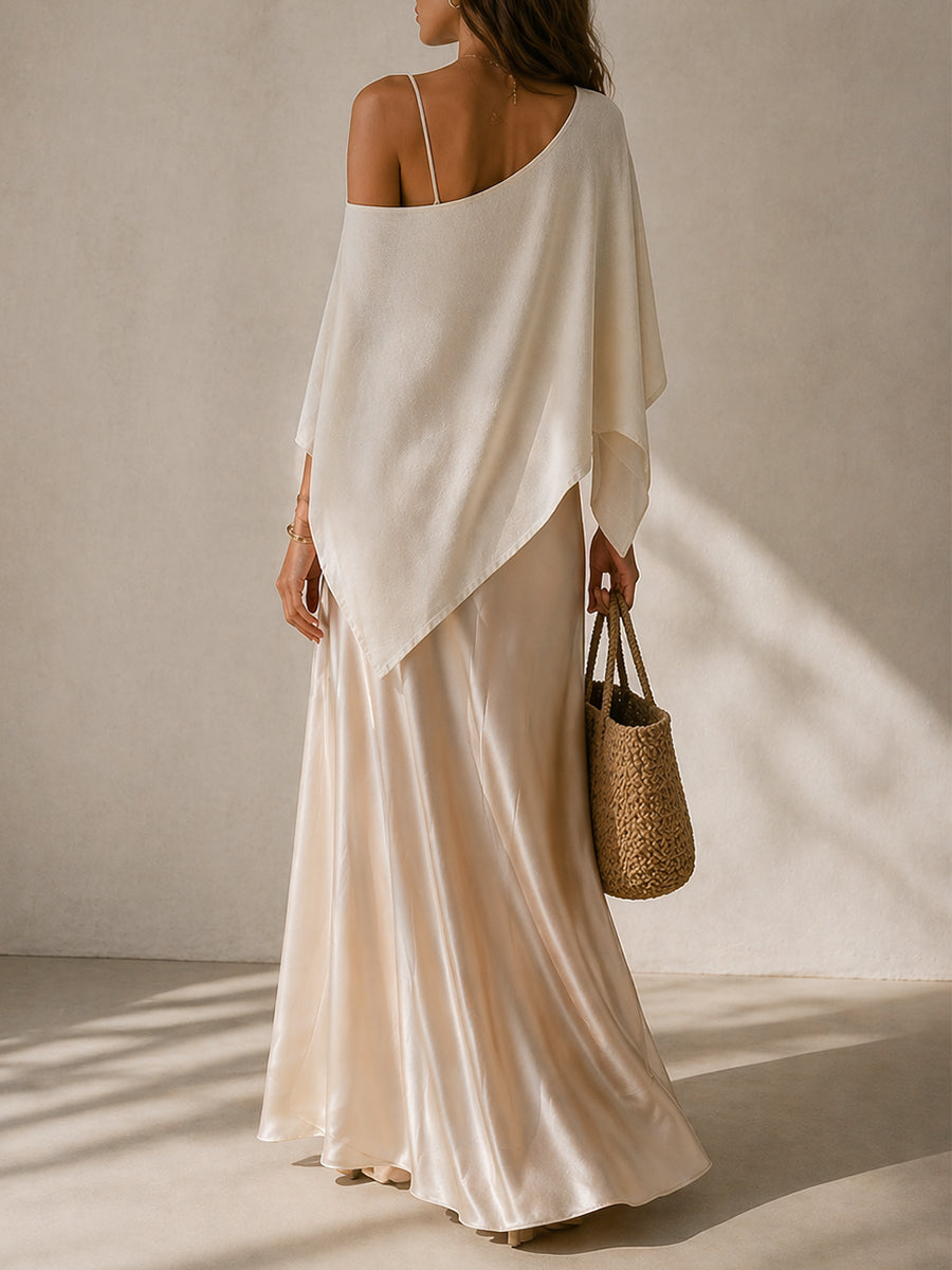 Elegant Satin Fishtail Maxi Dress & One-Shoulder Poncho Set