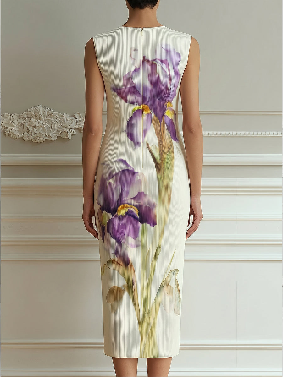 Sleeveless Textured Floral Print Sheath Midi Dress