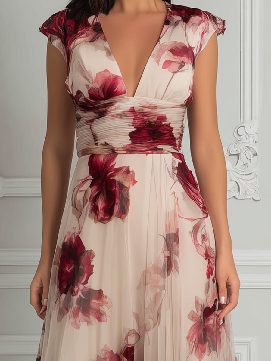 Floral Print V-Neck Ruched Waist Flowing Maxi Dress