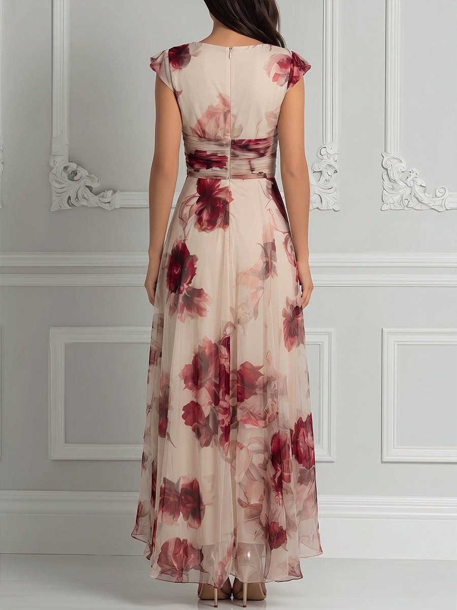 Floral Print V-Neck Ruched Waist Flowing Maxi Dress
