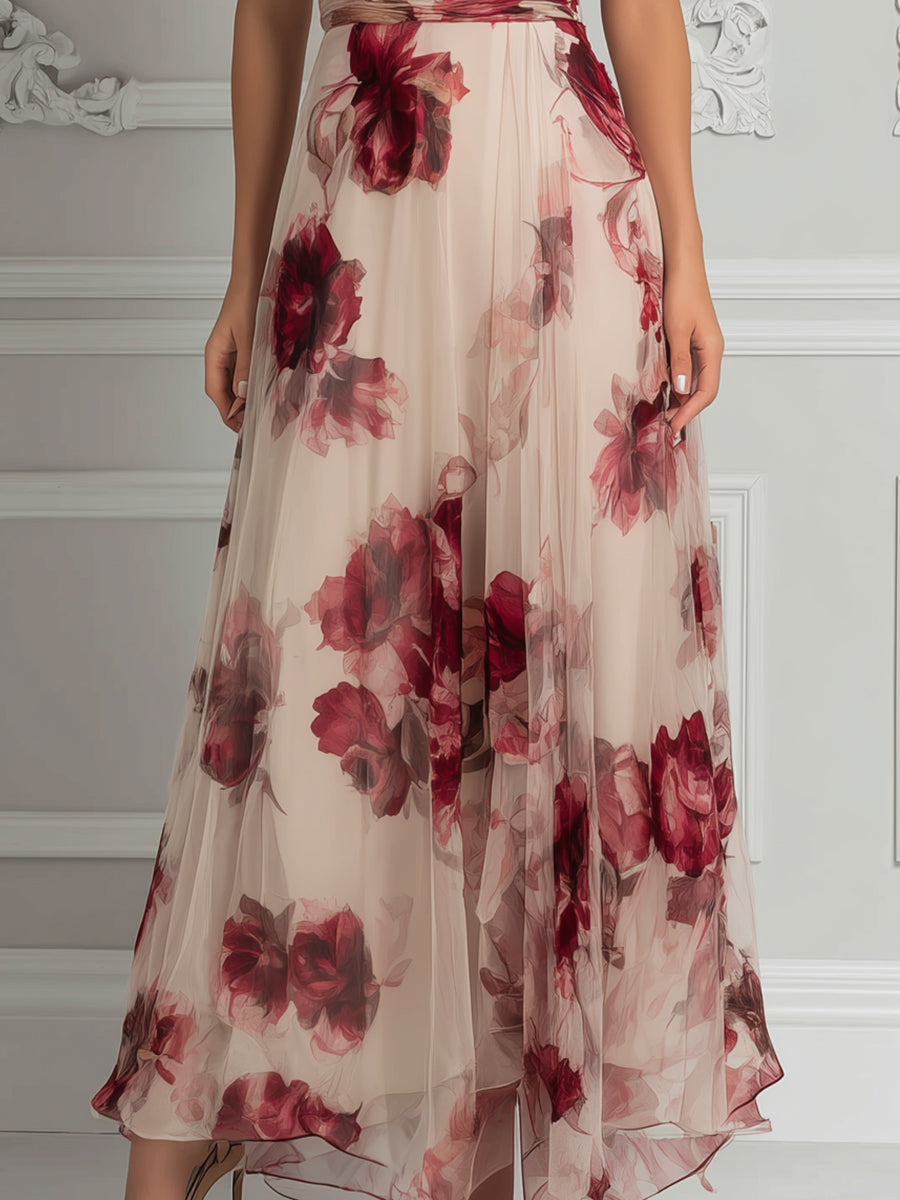 Floral Print V-Neck Ruched Waist Flowing Maxi Dress