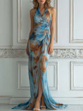 Halter Neck Blue Brown Watercolor Chiffon Maxi Dress