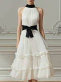 Pleated Halter Neck Tiered Ruffle Midi Dress With Contrast Waist Tie