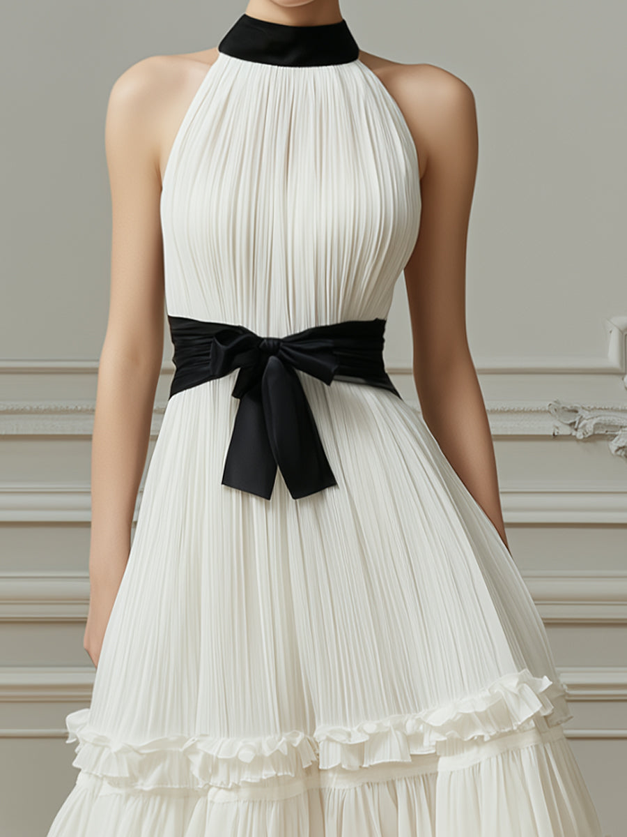 Pleated Halter Neck Tiered Ruffle Midi Dress With Contrast Waist Tie