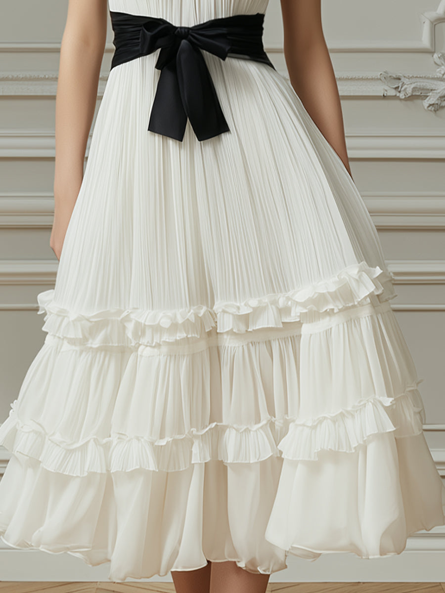 Pleated Halter Neck Tiered Ruffle Midi Dress With Contrast Waist Tie