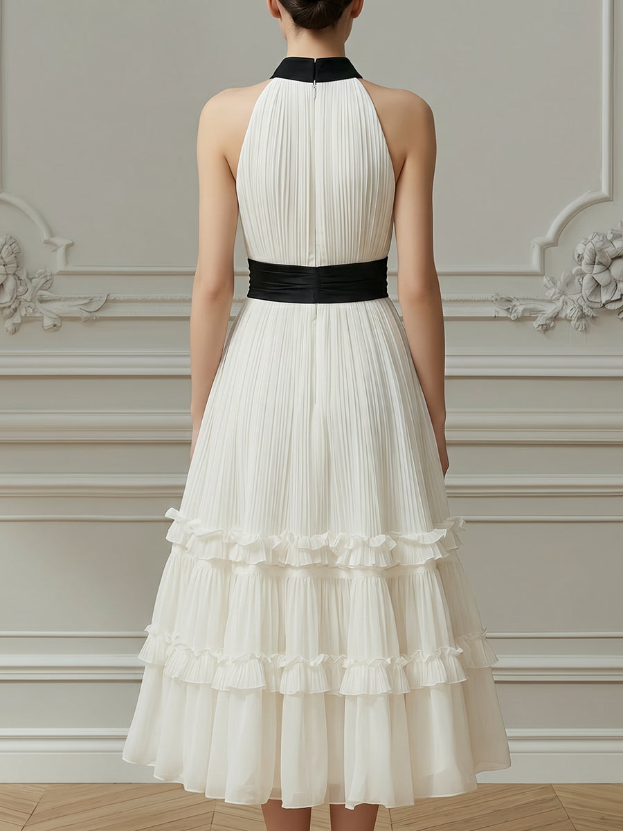 Pleated Halter Neck Tiered Ruffle Midi Dress With Contrast Waist Tie