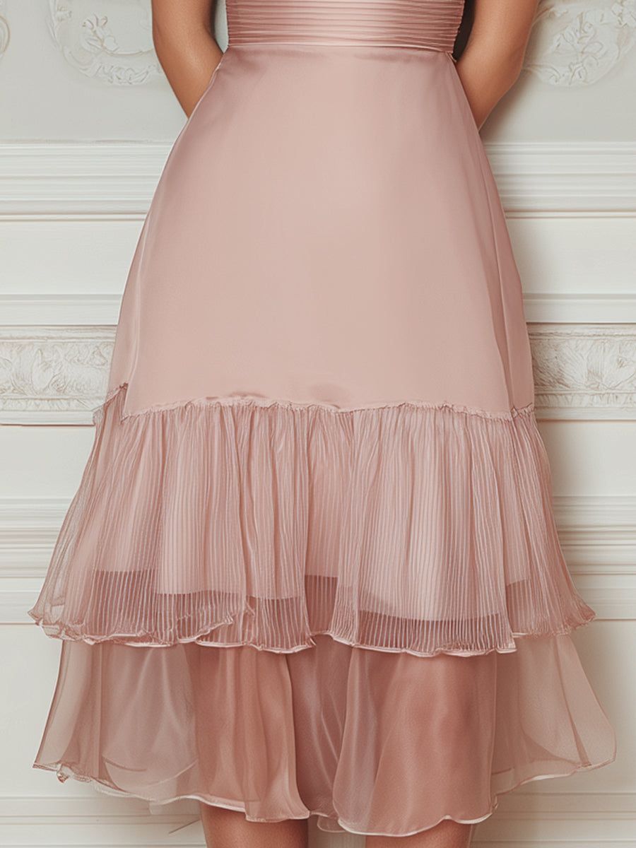 Pleated V-Neck Short Sleeve Tiered Ruffle Midi Dress